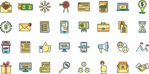 Sticker - Affiliate marketing campaign icons set. Outline set of affiliate marketing campaign vector icons thin line color flat on white