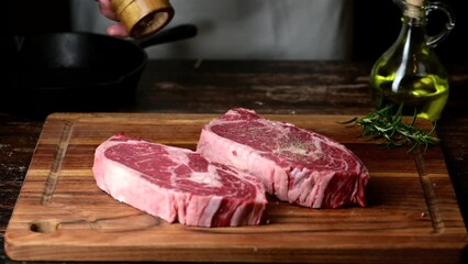 Poster - chef seasoning steak with salt and pepper