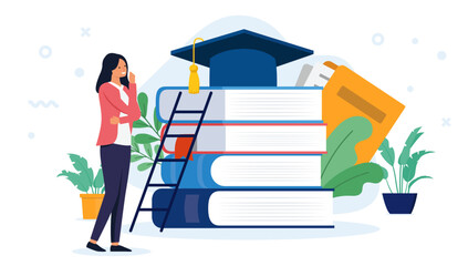 Fototapete - Taking higher education - Woman student thinking and wondering on front of school and educational stack of books with ladder and graduation cap. Flat design vector illustration with white background