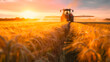 Campos sembrados de cereales, trigo y otros alimentos fumigados por pesticidas desde un tractor