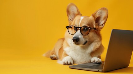 Cute corgi dog looking at laptop in glasses on yellow background