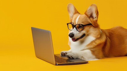 Cute corgi dog looking at laptop in glasses on yellow background