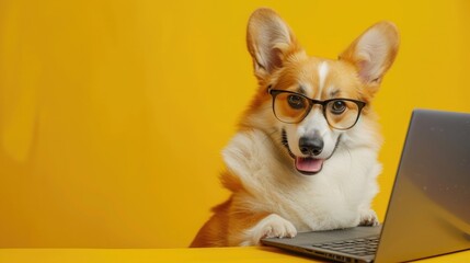 Cute corgi dog looking at laptop in glasses on yellow background
