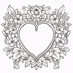 Wall Mural - Black and White coloring card, heart, decorated with flowers and leaves. Heart as a symbol of affection and love.