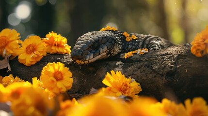 Wall Mural -  a close up of a snake laying on a tree branch with yellow flowers in the foreground and a blurry background of leaves and flowers in the foreground.