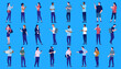 People using phones and devices collection - Set of casual vector characters with smartphones, talking, working and walking. Flat design illustrations with blue background