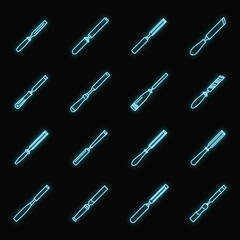 Poster - Carpenter chisel icons set. Outline set of carpenter chisel vector icons neon color on black