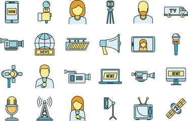 Poster - tv presenter interview icons set. outline set of tv presenter interview vector icons thin line color