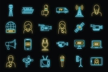 Poster - TV presenter interview icons set. Outline set of TV presenter interview vector icons neon color on black