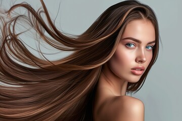 Wall Mural - Cute charming pretty woman with silky long straight flying hair