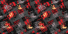 Geometry Textured Repeat Pattern In Black, Grey, Red Colors Like Volcano. Geometric Checked Pattern. Grunge Geometric Ornament For Sport Textile, Clothes. Brush Strokes Background