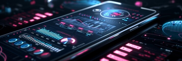 Futuristic KPI Metrics Dashboard on a Mobile Device with Graphs and Business Analytics
