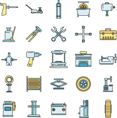 Poster - tire fitting tool icons set. outline set of tire fitting tool vector icons thin line color flat on w