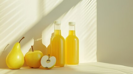 Poster -  a couple of bottles of orange juice next to some pears and an apple on a white surface with a shadow of a wall in the back of the picture.