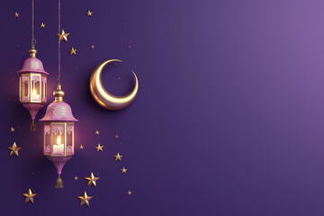 Wall Mural - 3D Ramadan lantern  Iftar  Eid crescent moon  cannonballs  text space and podium in purple gold style