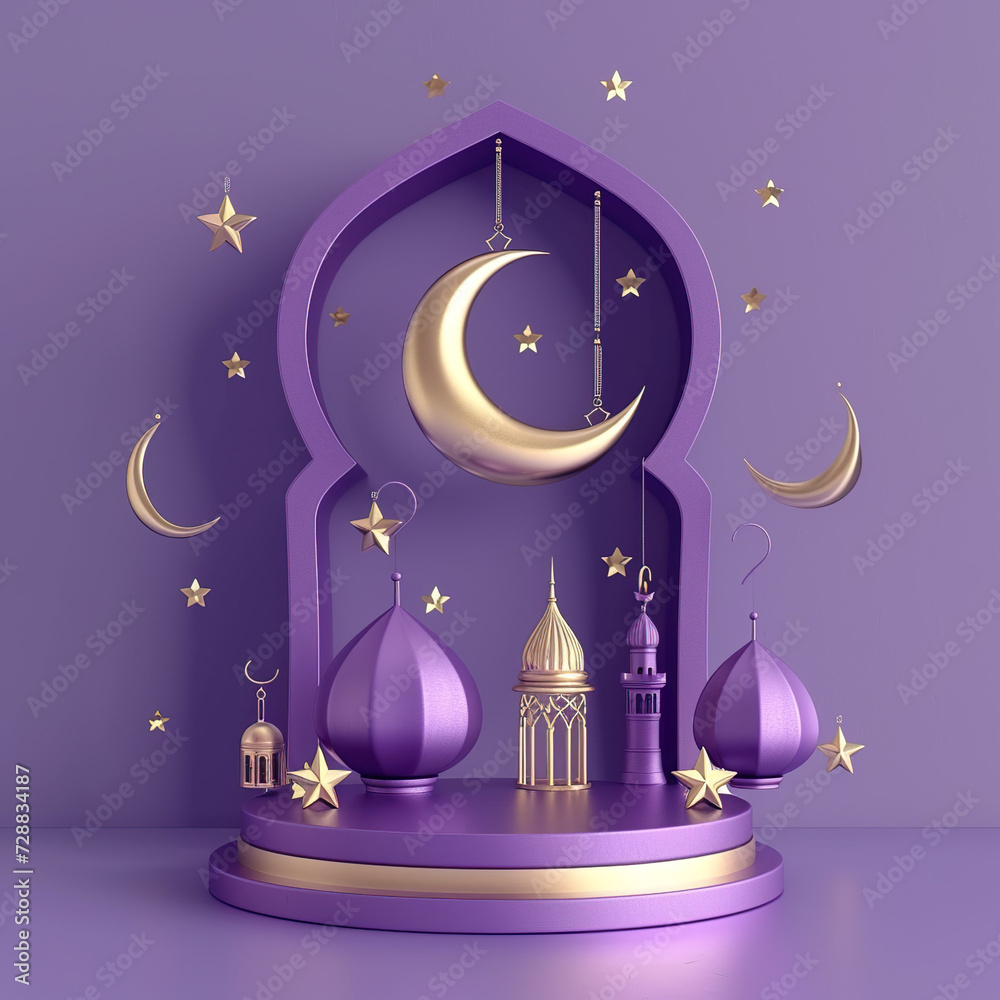 3D Ramadan lantern Iftar Eid crescent moon cannonballs text space and ...