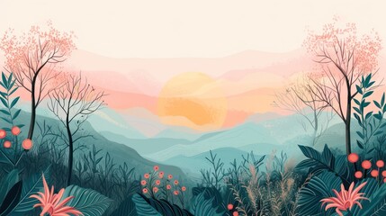 Wall Mural - A beautiful boho illustration background adorned with floral and nature decorations in soft pastel colors. 2d vector illustration style.