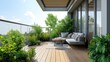 Contemporary Urban Home Balcony with Wooden Decking, Greenery, and Outdoor Furniture Set Under Clear Blue Sky