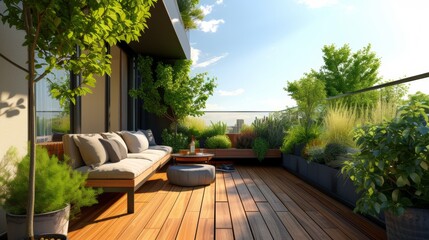 Wall Mural - Contemporary Urban Home Balcony with Wooden Decking, Greenery, and Outdoor Furniture Set Under Clear Blue Sky