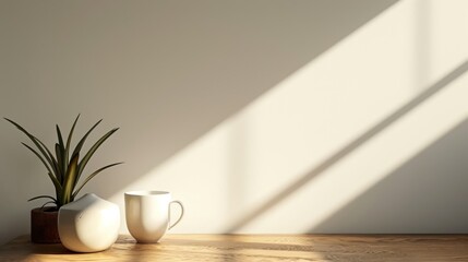  two white vases sitting on top of a wooden table next to a potted plant on top of a hard wood table with a white wall in the background.