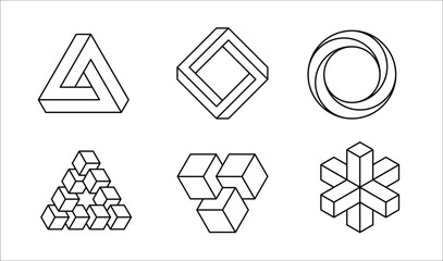 Impossible shape set isolated. Line optical illusion. Abstract unreal geometric form. PNG