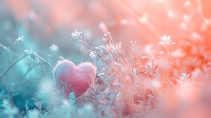 Wall Mural -  a pink heart sitting in the middle of a field of green and pink flowers with a blurry background of blue, pink, and white flowers, and green.