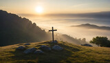 Fototapeta  - Krzyż na wzgórzu o wschodzie słońca