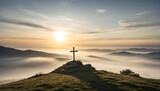 Fototapeta  - Krzyż na wzgórzu o wschodzie słońca