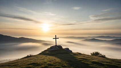 Fototapeta krzyż na wzgórzu o wschodzie słońca