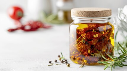 Wall Mural -  a close up of a jar of food on a table with a sprig of rosemary on the side of the jar and another jar of food in the background.
