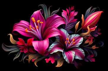 beautiful flowers on a black background, flower wallpaper design, in the style of uhd image, vibrant