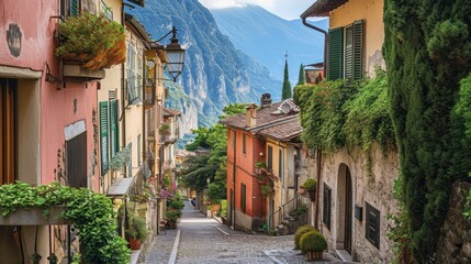 Poster -  a cobblestone street in a small village with a mountain in the backgrouf of the picture and a few bushes growing on the side of the road.