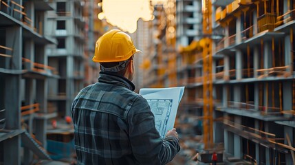 architect or worker with plans looking at construction