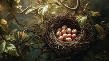  A Nest Filled With Eggs Sitting On Top Of A Leaf Covered Tree Branch Next To A Tree Branch With Leaves And A Bird's Nest With Five Eggs In It.