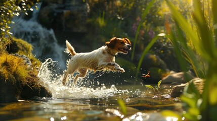  a brown and white dog jumping into a body of water with a green plant in the foreground and a waterfall in the background with grass and rocks in the foreground.