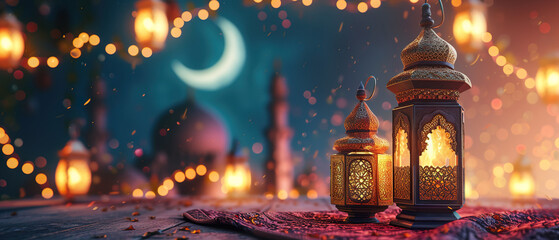 Wall Mural - Ramadan kareem with golden moon and lantern