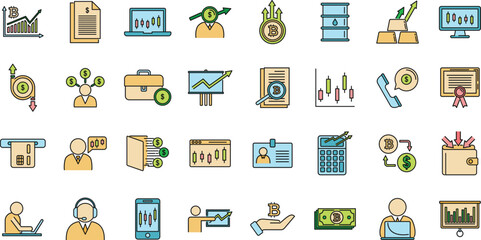 Poster - Trader icons set. Outline set of trader vector icons thin line color flat on white