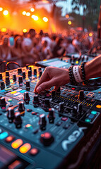 Canvas Print - Dj mixing outdoor at summer party festival with crowd of people in background