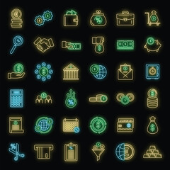Poster - Credit union bank icons set. Outline set of credit union bank vector icons neon color on black