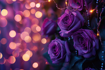 Wall Mural - close-up of a rose-covered lampshade with twinkling lights in the background