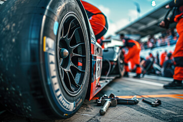 close-up of a professional pit crew adjusting the suspension of a race car during a pitstop. the cre