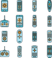 Poster - Hand remote control icons set. Outline set of hand remote control vector icons thin line color flat on white