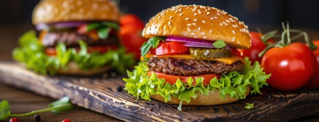 Two Hamburgers With Lettuce, Tomatoes, and Onions