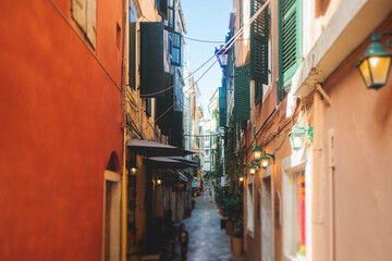 Corfu street view, Kerkyra old town beautiful cityscape, Ionian sea Islands, Greece, a summer sunny day, pedestrian streets with shops and cafes, architecture of historic center, travel to Greece