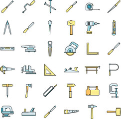 Poster - Work carpenter tools icons set. Outline set of work carpenter tools vector icons thin line color flat on white