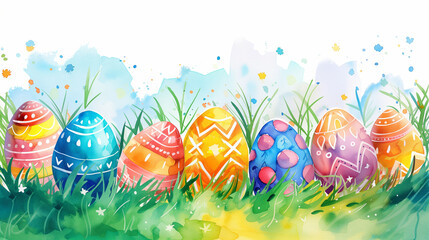 Wall Mural - Happy Easter banner with colorful Easter eggs in green grass as a watercolor illustration, with copy space for your text