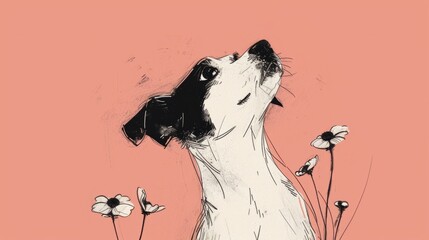 Wall Mural - A drawing of a dog looking up at flowers