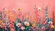 A painting of a field of flowers against a pink background