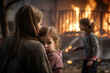 In heart wrenching scene, young child finds solace in arms of adult as fire consumes their surroundings, highlighting poignant contrast between innocence of embrace and the devastation of disaster