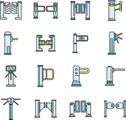 Poster - Turnstile access icons set. Outline set of turnstile access vector icons thin line color flat on white